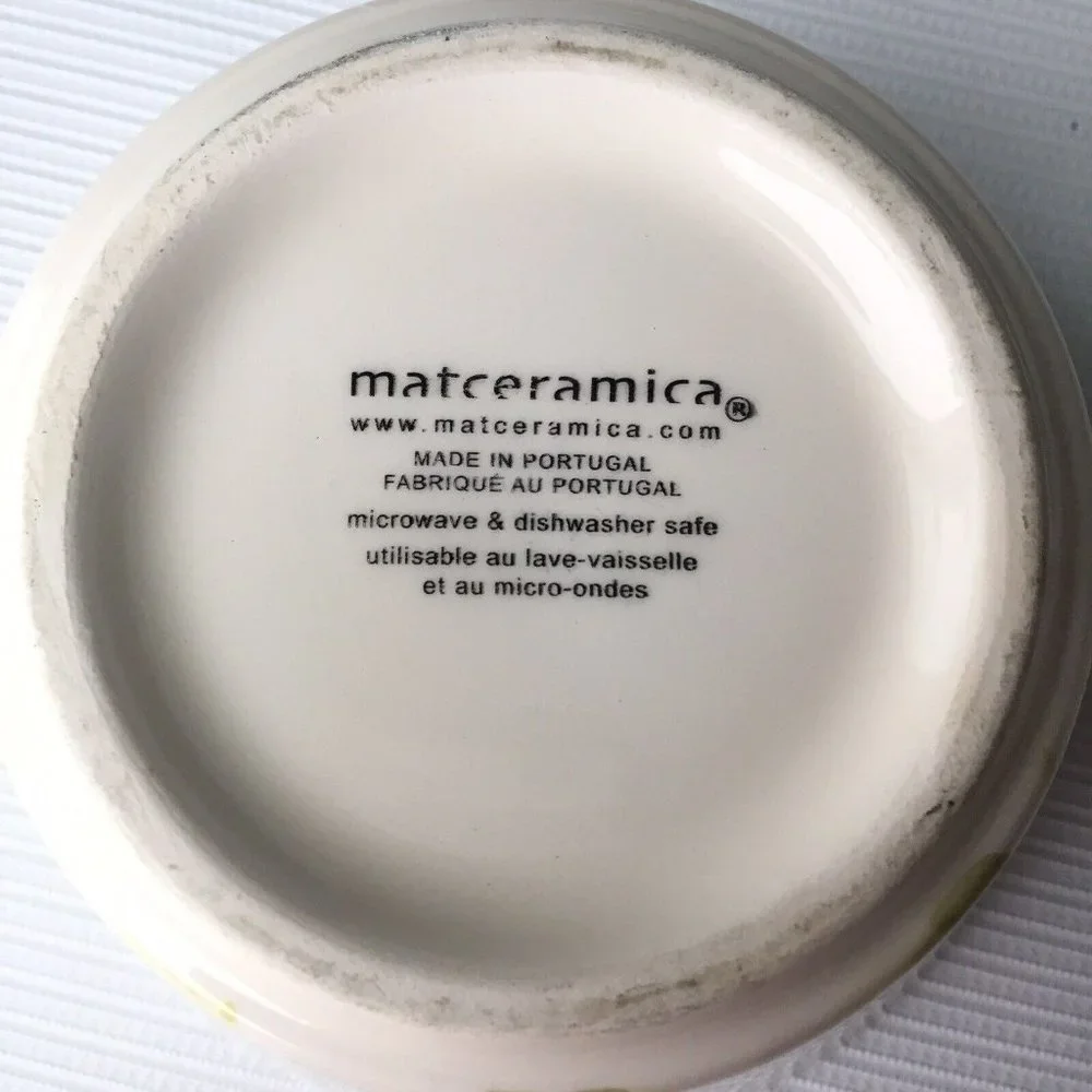 Matceramica Portugal Deep Bowl Soup Cereal Salad White Green Plant Leaf Pattern
